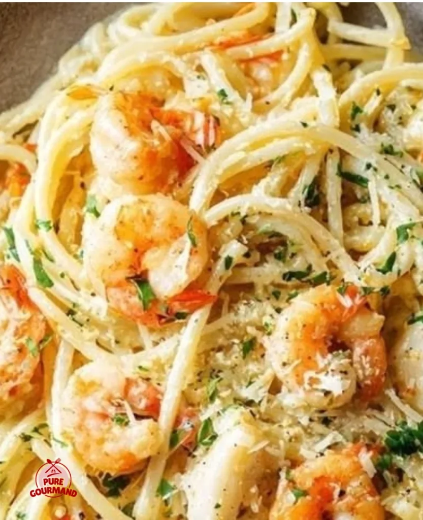 Bowl of creamy seafood pasta with shrimp and scallops for a cozy night.