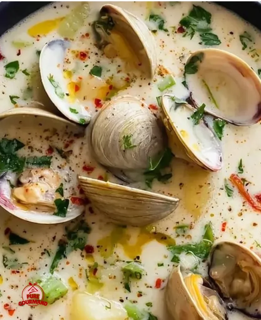 Bowl of creamy thick clam chowder topped with fresh clams and herbs