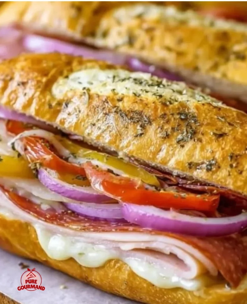 Cheesy baked Italian sub sandwich with crispy crust and fresh ingredients