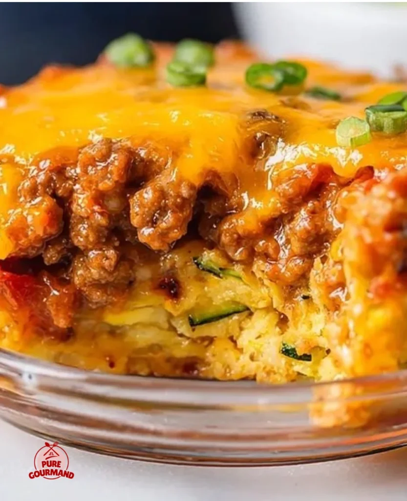 Delicious zucchini casserole with shredded zucchini and ground beef