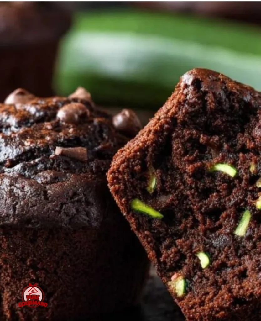 Double chocolate zucchini muffins with rich cocoa and fresh zucchini on a plate.