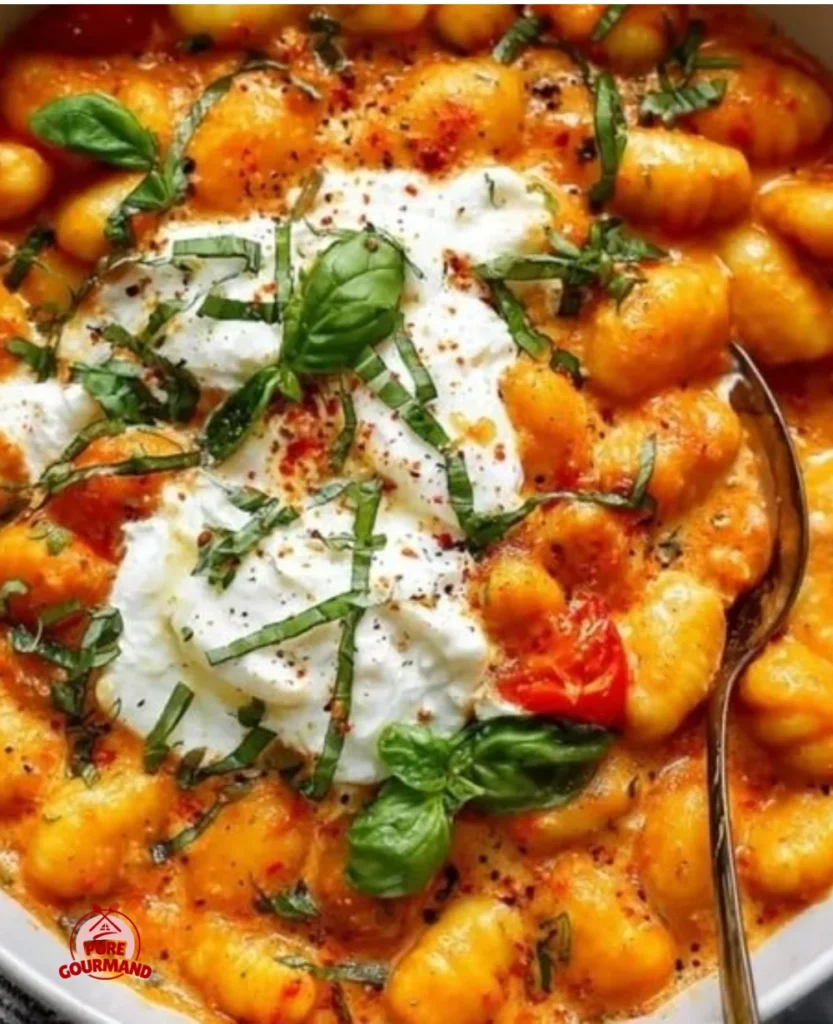 Easy creamy tomato gnocchi with burrata served in a bowl