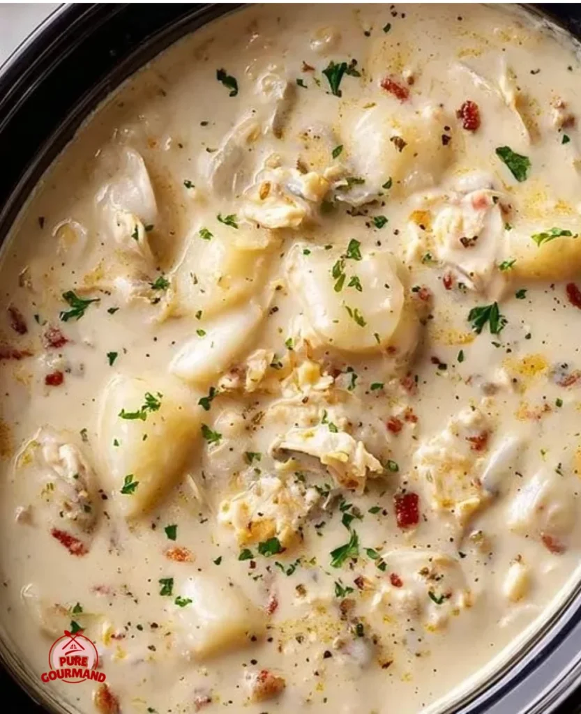 Bowl of easy crockpot clam chowder topped with herbs and served with bread.