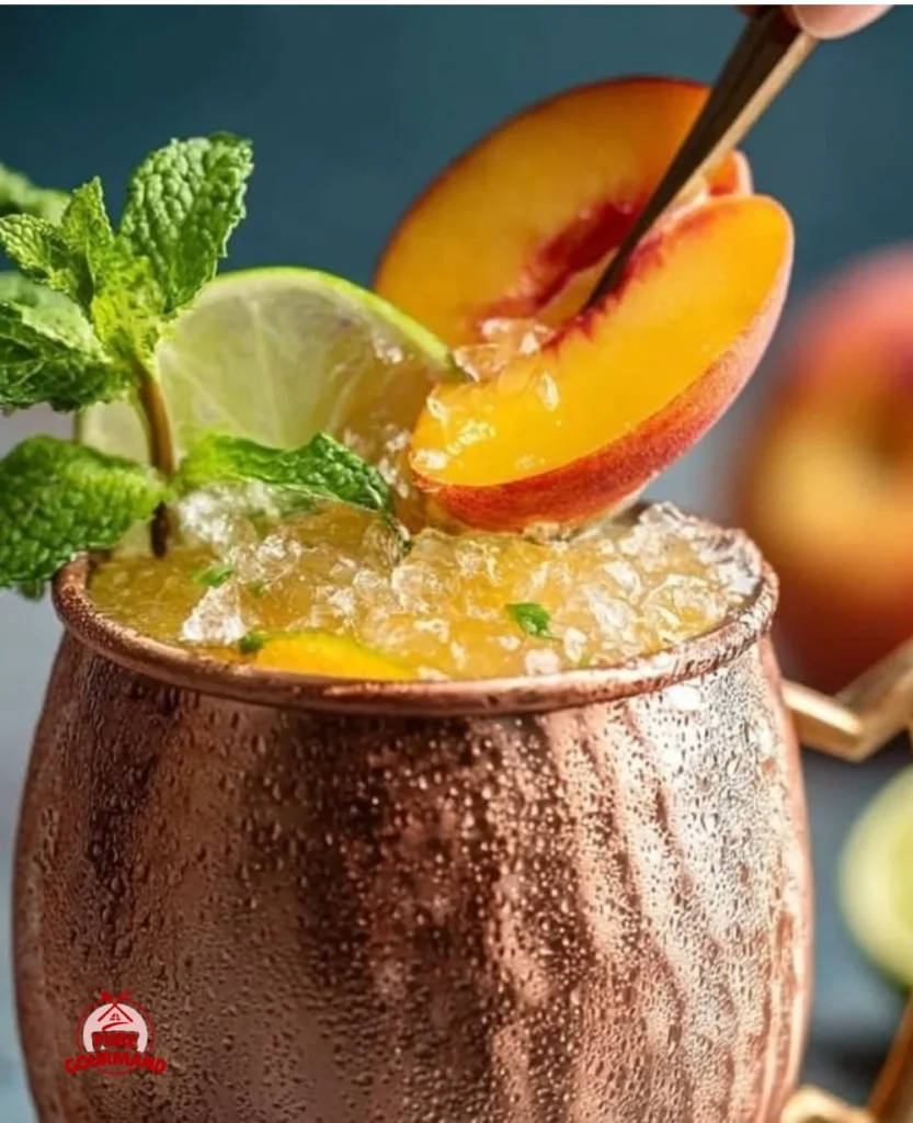 Refreshing Peach Moscow Mule with ginger in a copper mug, perfect summer cocktail