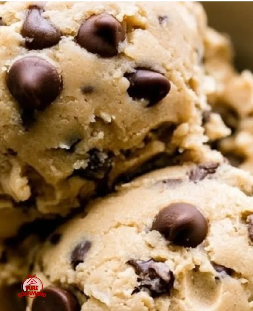 Bowl of safe-to-eat edible chocolate chip cookie dough with chocolate chips