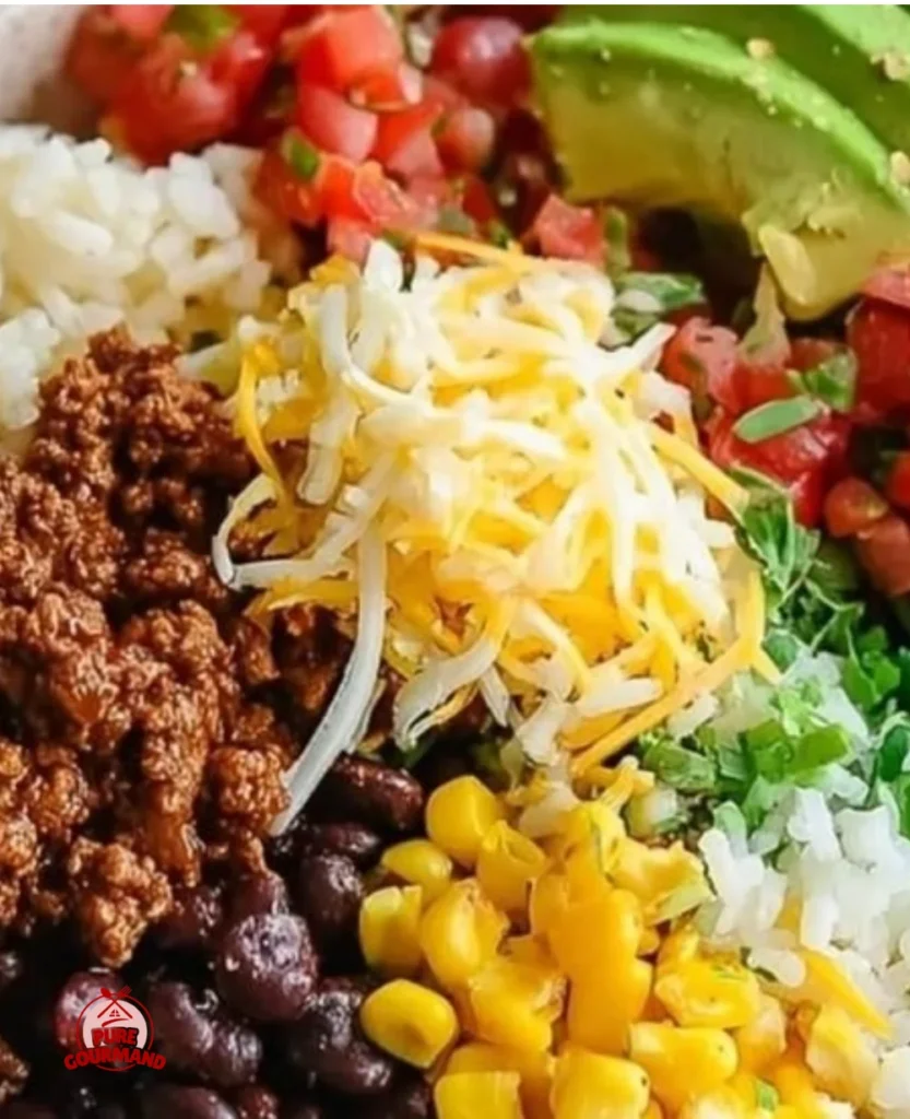 A colorful and appetizing taco bowl filled with fresh ingredients.