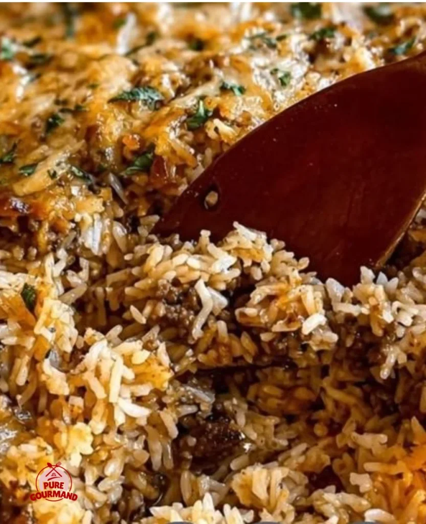 Delicious French onion ground beef rice casserole dish served in a baking dish