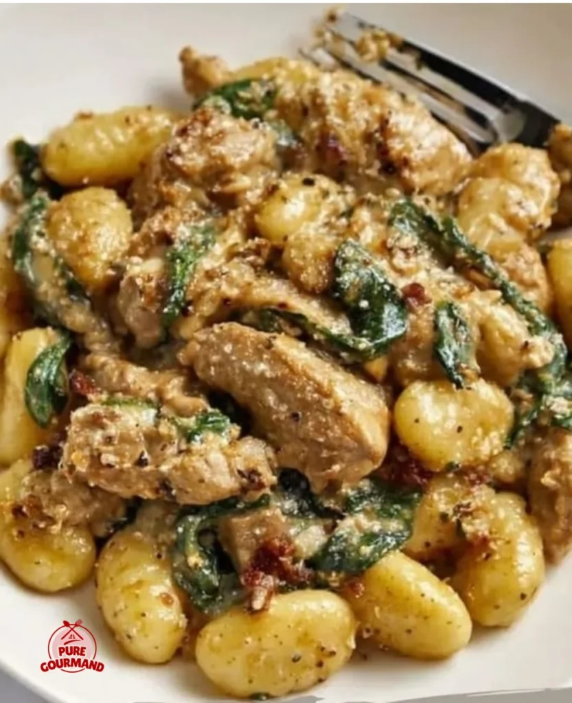 Garlic Chicken and Gnocchi Skillet Dish served in a pan