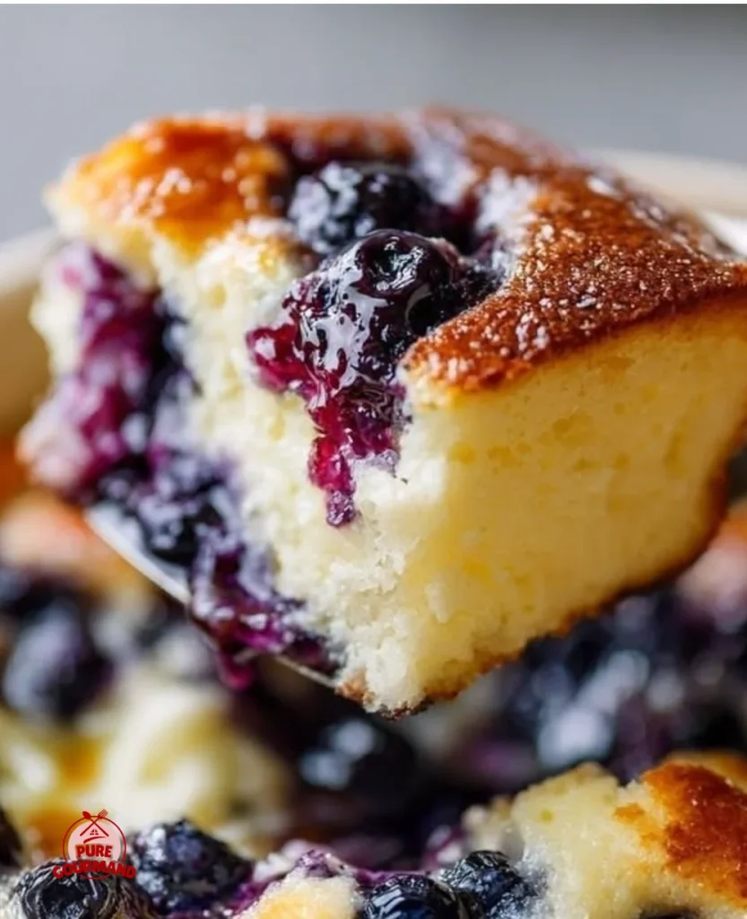 A giant fluffy baked pancake served with fresh fruits and syrup.