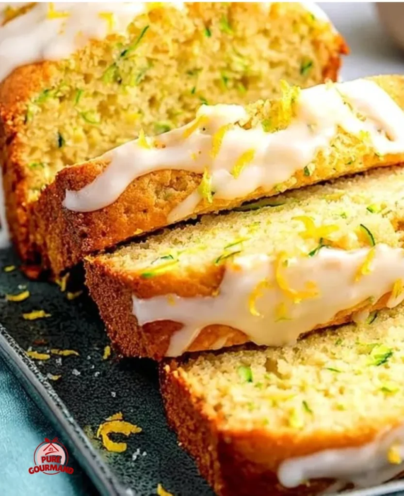 Sliced glazed lemon zucchini bread on a wooden board with lemon slices