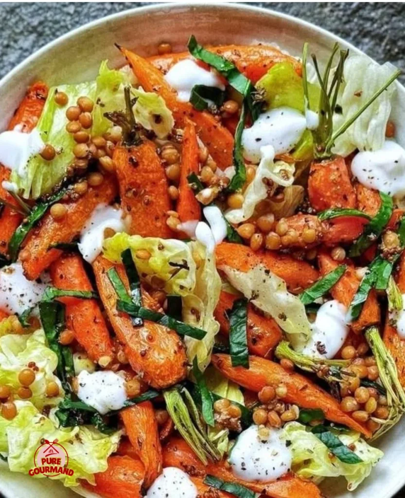 Delicious golden roasted carrot lentil salad in a vibrant bowl.