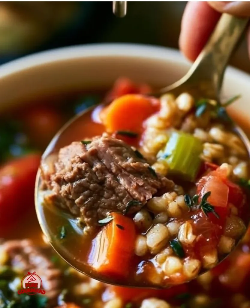 Bowl of hearty Beef Barley Soup with wholesome grains, garnished with herbs.
