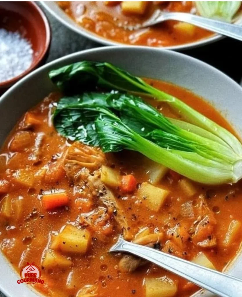 Bowl of hearty tomato vegetable soup with colorful vegetables