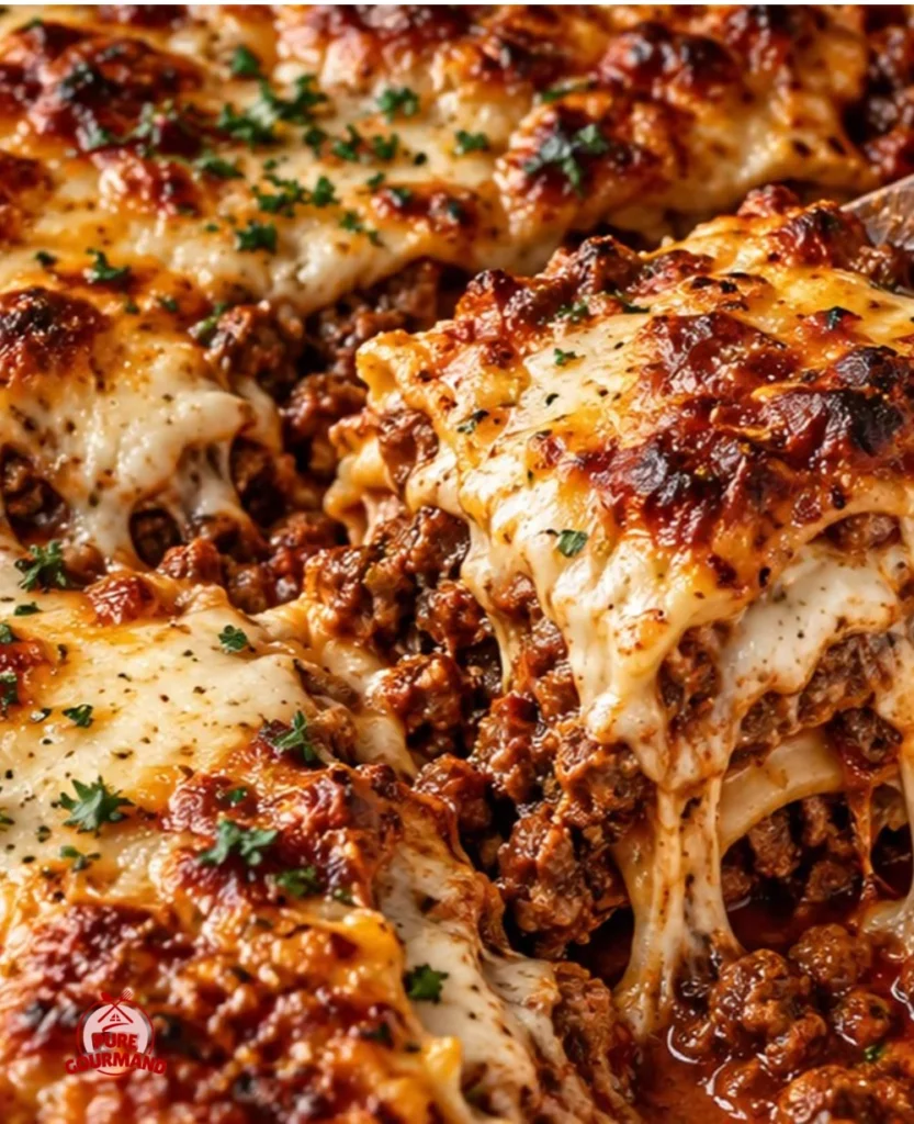 Heavenly homemade lasagna with layers of cheese and rich meat sauce