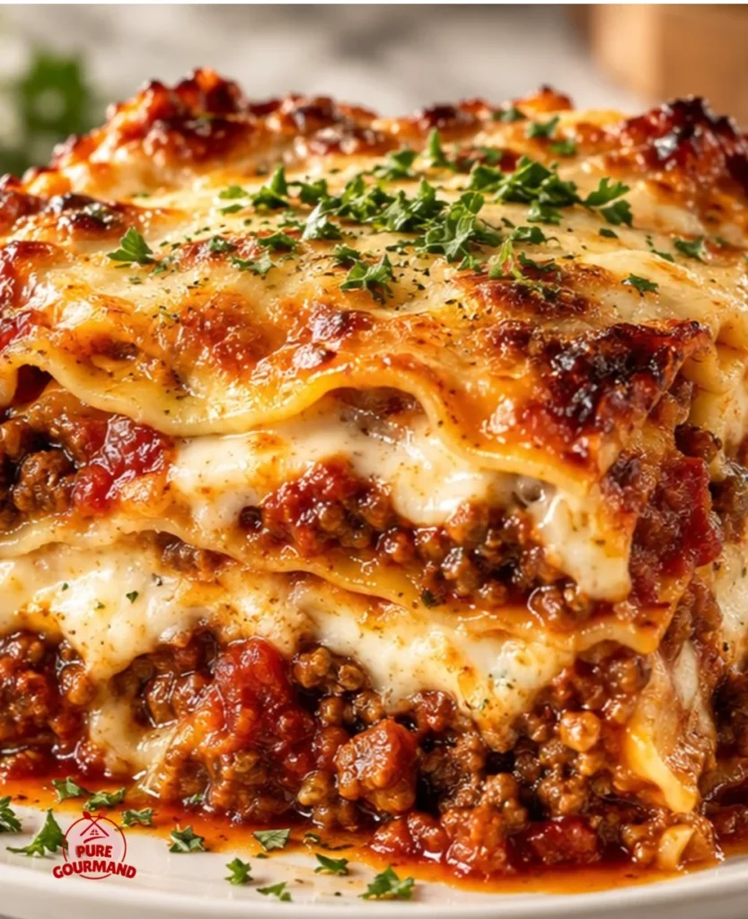Delicious homemade lasagna with layers of cheese and rich sauce, served on a plate.