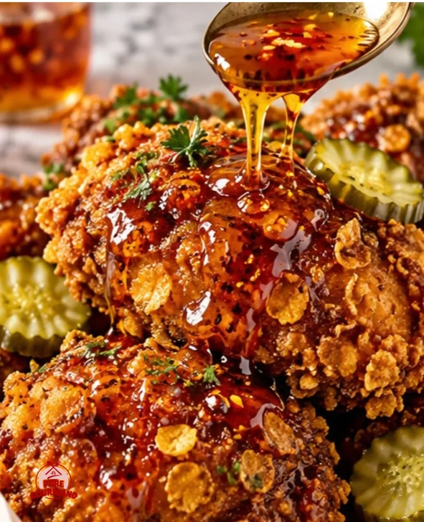 Plate of crispy hot honey chicken drizzled with spicy honey sauce