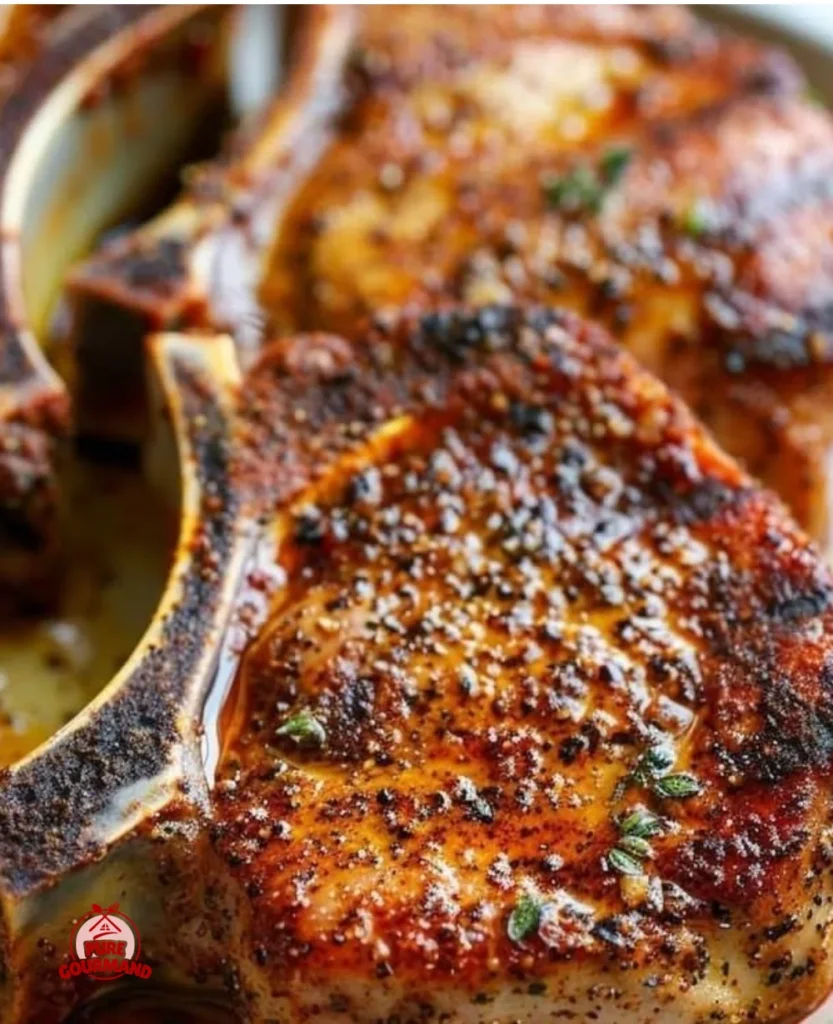 Juicy oven-baked pork chops with herbs on a plate