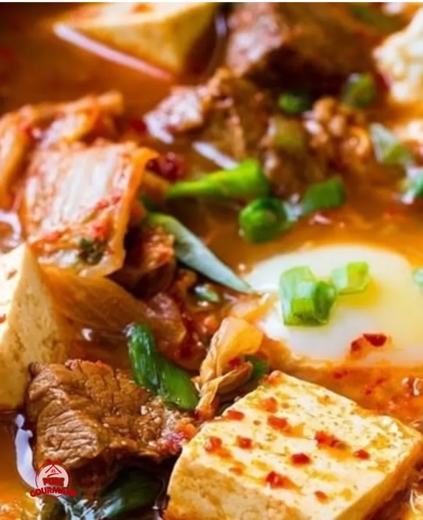 Bowl of kimchi tofu beef soup filled with spicy ingredients and fresh herbs
