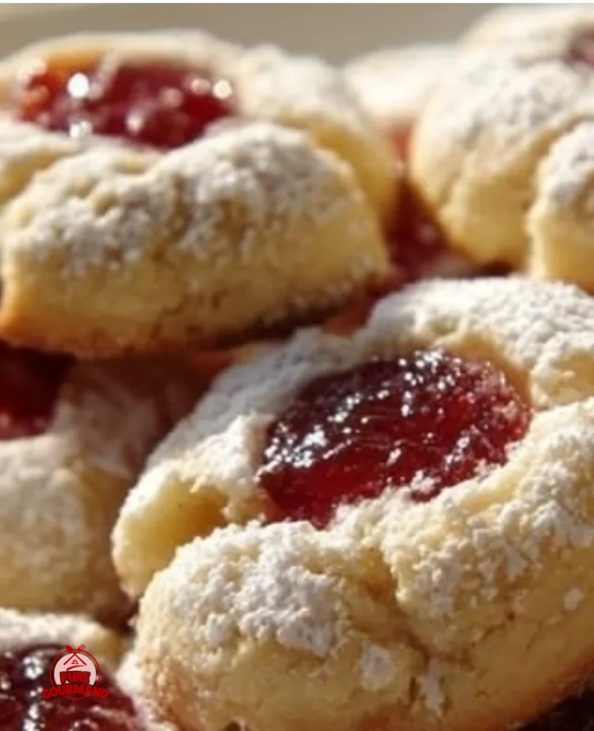 Delicious homemade Kolache cookies with fruit filling on a baking tray