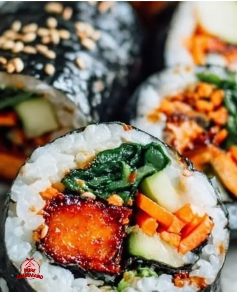 Korean spicy fish cake sushi garnished with vegetables and spicy sauce