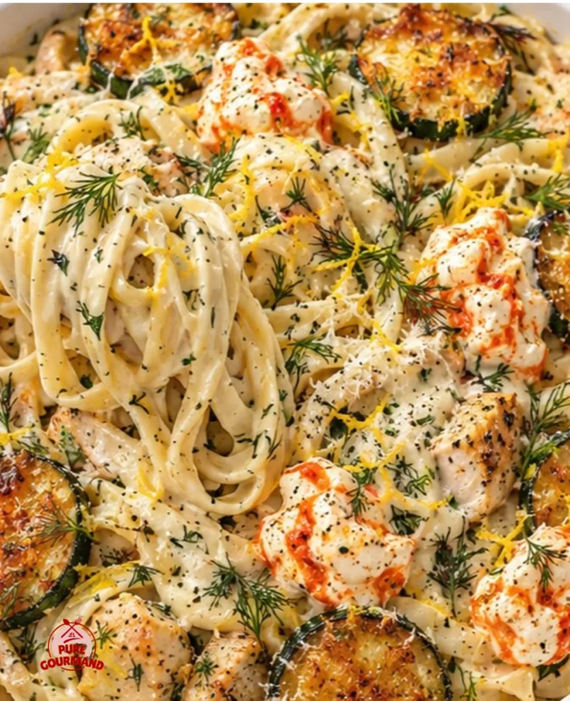 Lemon Dill Chicken Alfredo with roasted red pepper whipped feta and crispy zucchini
