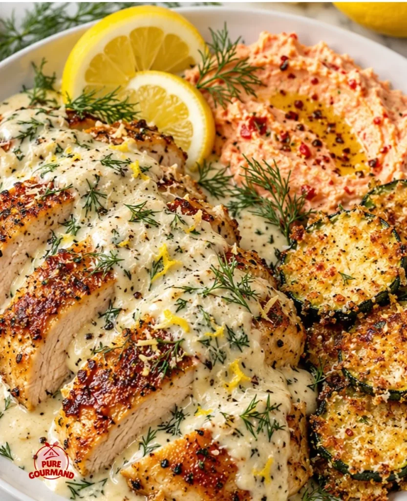 Lemon Dill Chicken Alfredo with roasted red pepper feta and crispy parmesan zucchini