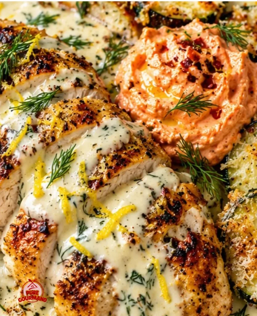 Lemon Dill Chicken Alfredo served with roasted red pepper whipped feta and crispy zucchini