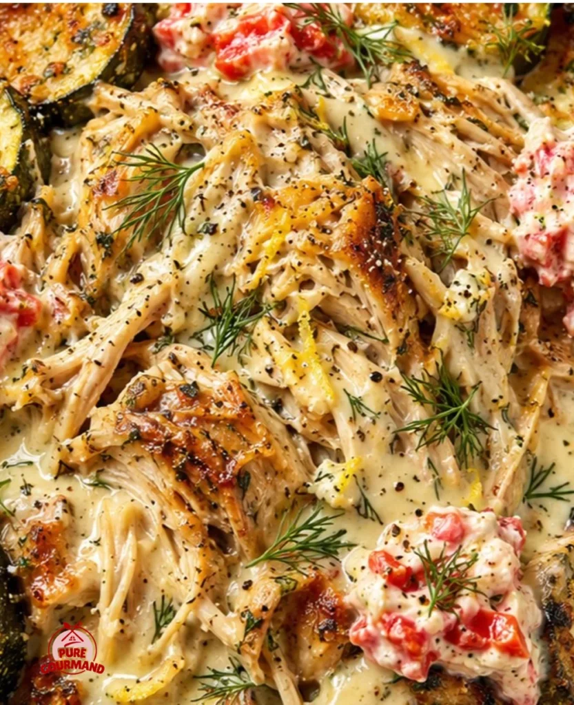 Plate of Lemon Dill Chicken Alfredo with roasted red pepper whipped feta and crispy zucchini.