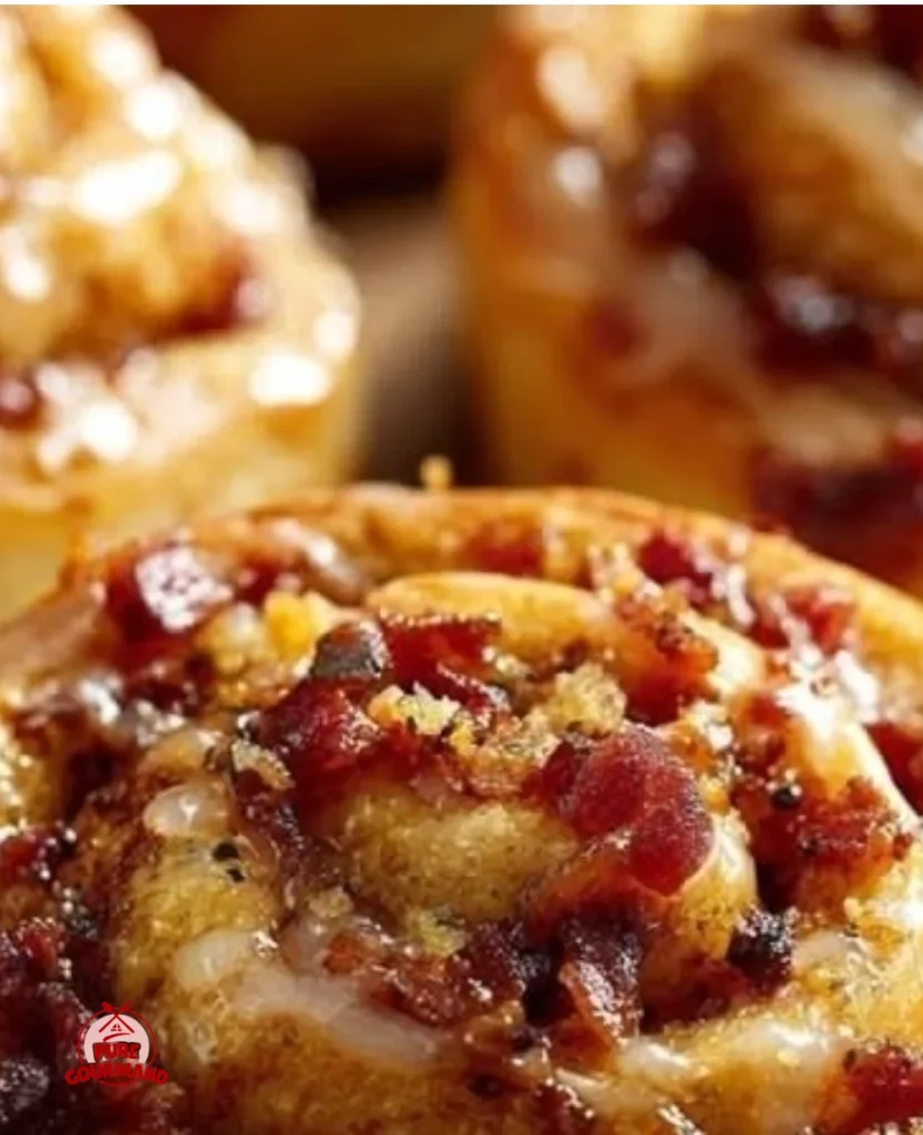 Delicious Maple Bacon Cinnamon Rolls with sweet icing and crispy bacon on top