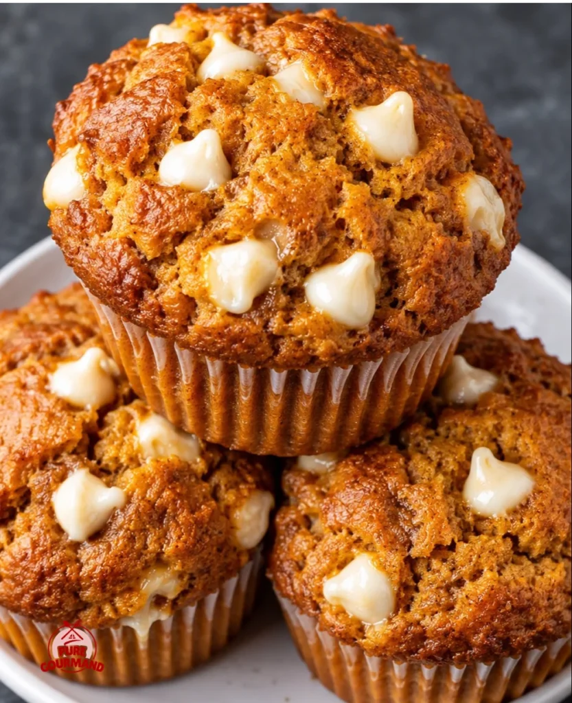 Delicious moist pumpkin muffins with white chocolate chips fresh from the oven