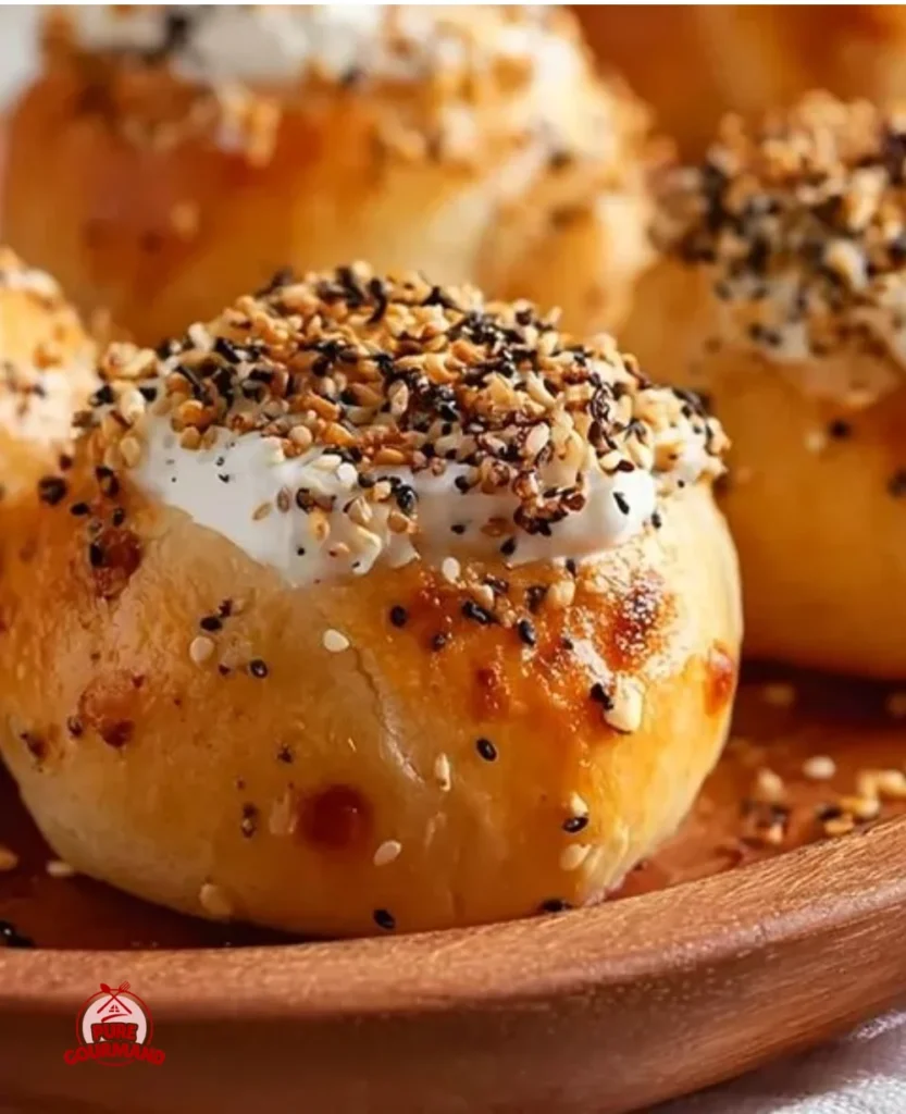 Deliciously topped mini bagel with cream cheese on a rustic wooden table