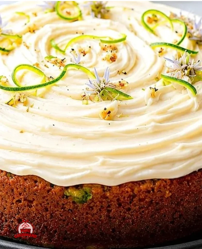 Mouthwatering zucchini cake with brown butter frosting on a white plate.