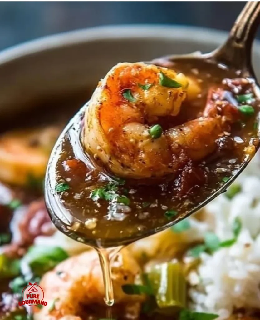Bowl of Nana's hearty shrimp gumbo with fresh ingredients and spices