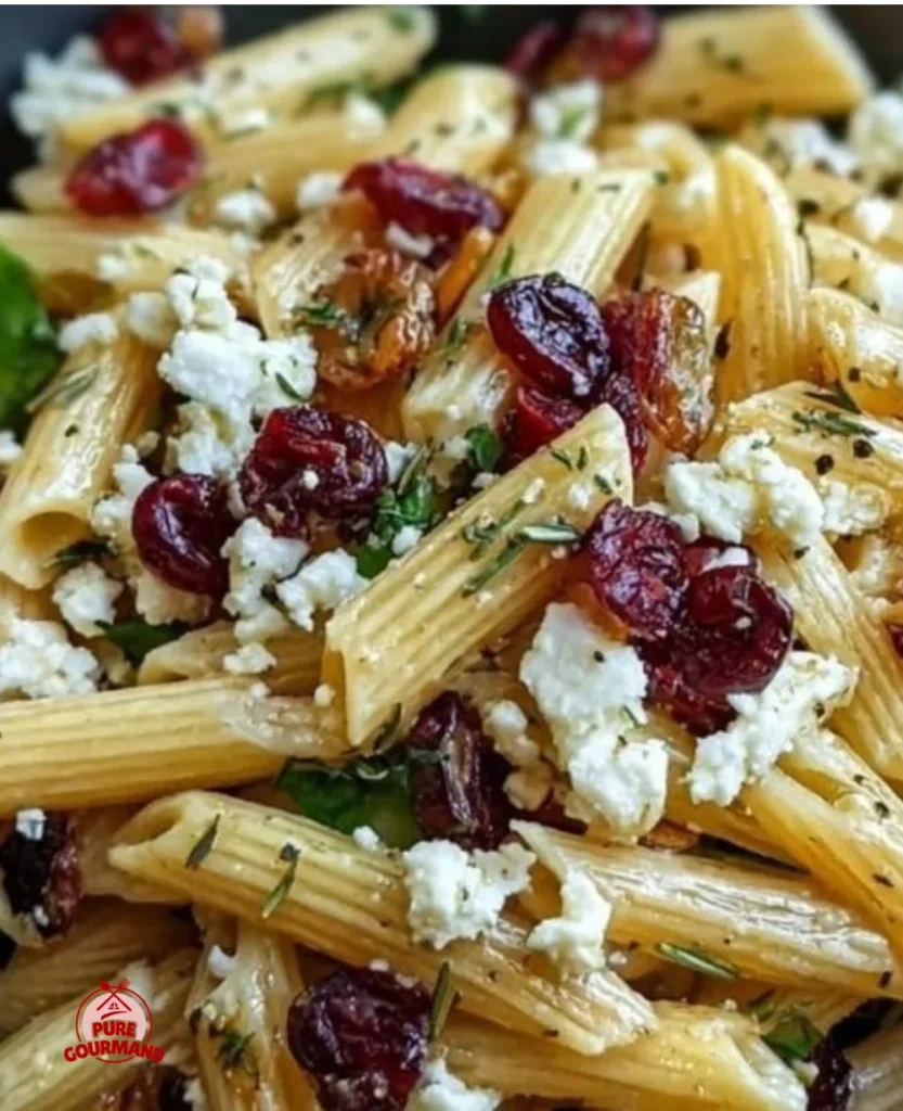 Delicious feta cranberry penne salad in a bowl garnished with herbs