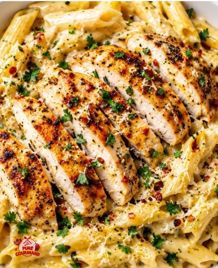 One Pot Creamy Garlic Parmesan Chicken Penne on a plate with fresh parsley