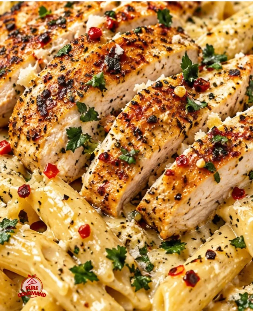 One pot creamy garlic parmesan chicken penne in a skillet, ready to serve.