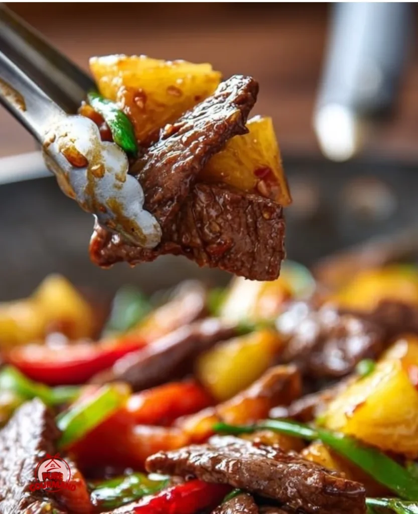 Colorful Pineapple Beef Stir-Fry with vegetables and pineapple chunks in a skillet