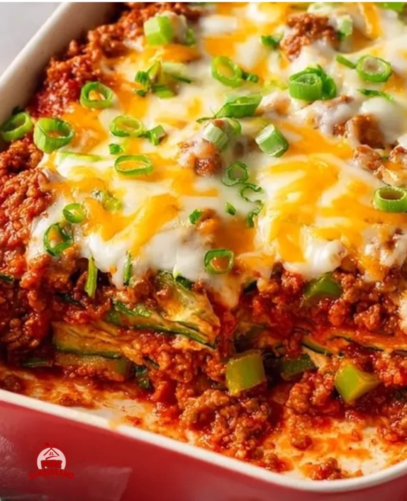 Quick pizza casserole with shredded zucchini, a healthy dinner option