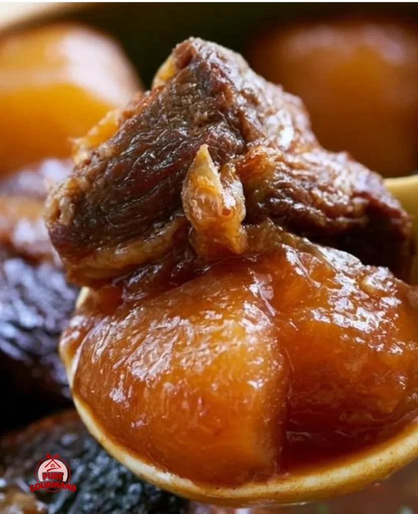 Radish-Bright Braised Brisket in a pot, showcasing slow-cooked comfort food.