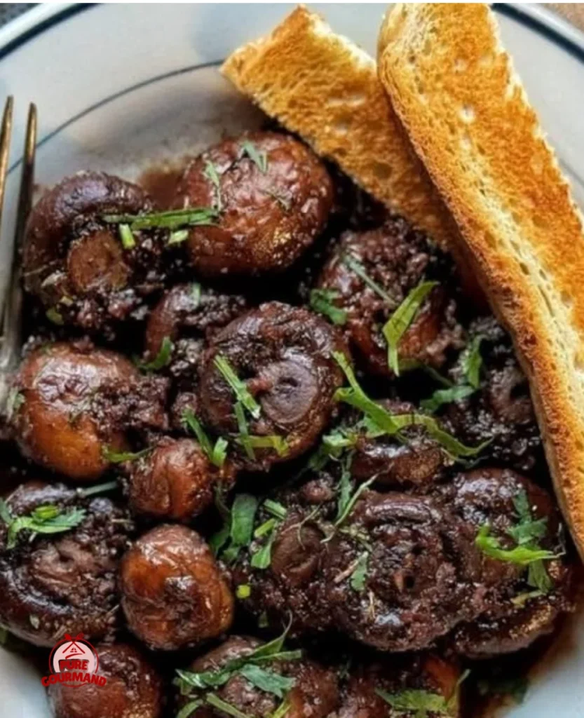 Delicious red wine braised mushrooms served in a cozy dish.