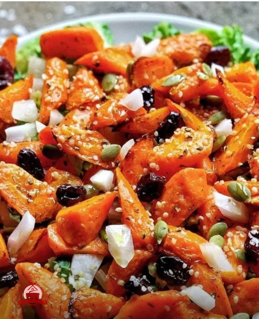 Roasted carrot salad drizzled with lemon mustard dressing on a plate.