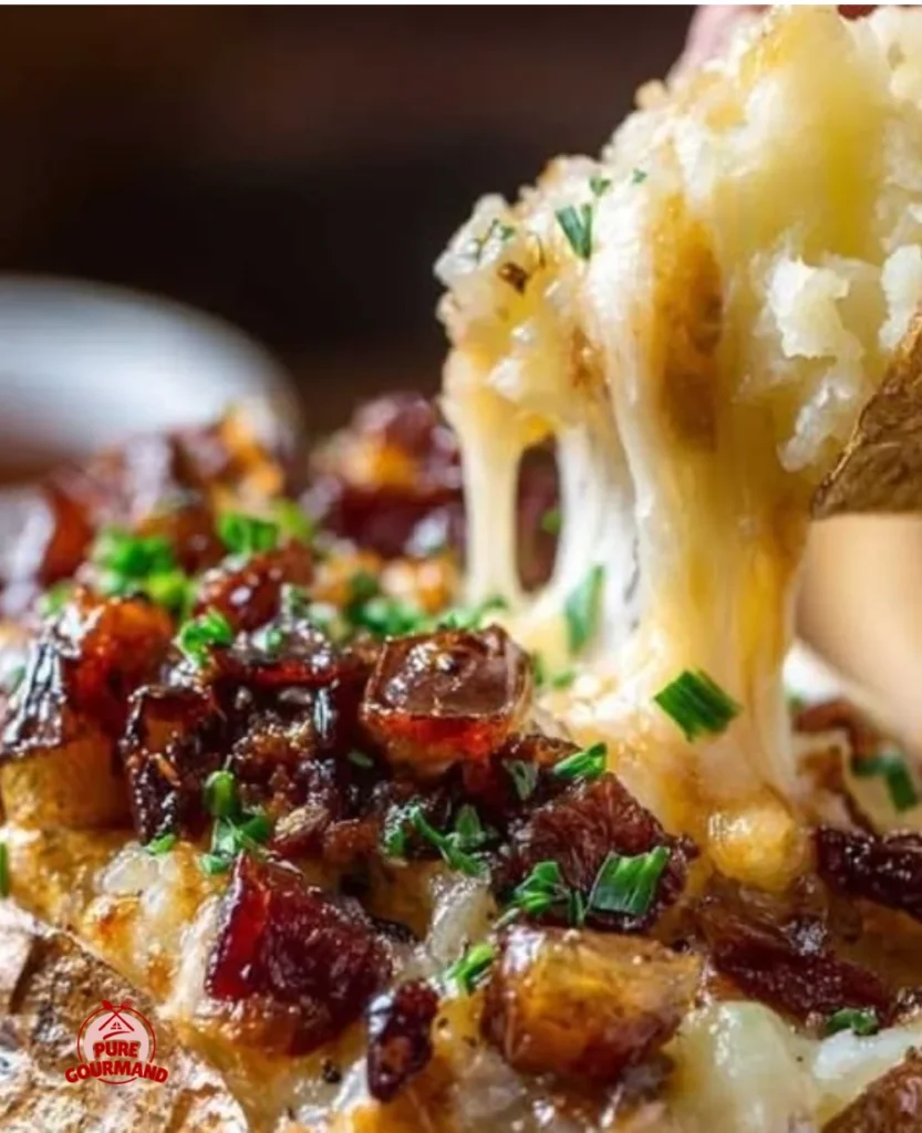 Rustic French onion baked potatoes topped with melted Gruyere cheese