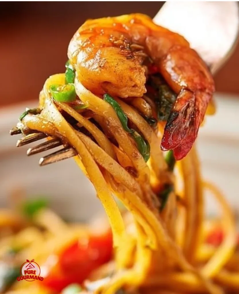 Delicious shrimp paste pasta dish garnished with fresh herbs and spices.