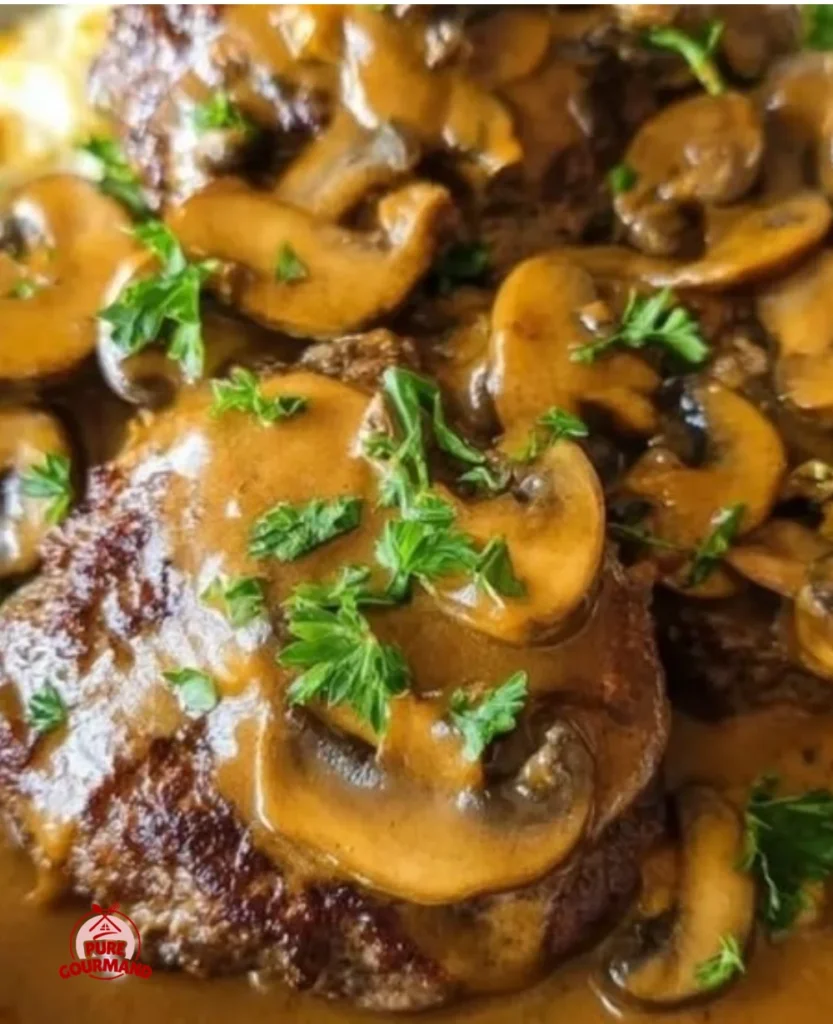 Bobby Flay-inspired Salisbury steak served with gravy and mashed potatoes.