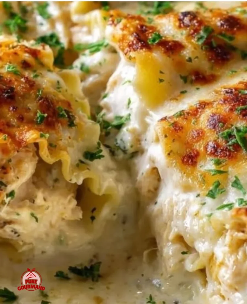 Delicious Chicken Alfredo Lasagna Rolls plated with herbs.