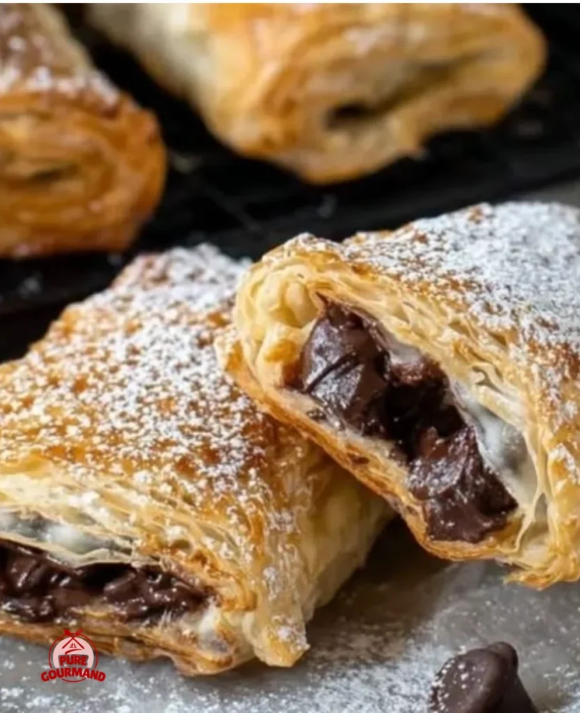 Delicious chocolate puff pastry showcasing flaky layers and rich filling