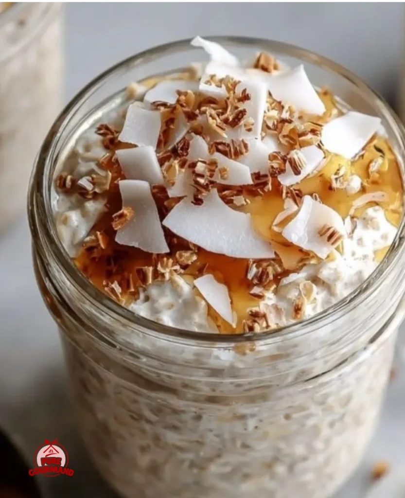 Bowl of coconut cream pie overnight oats topped with coconut flakes and whipped cream