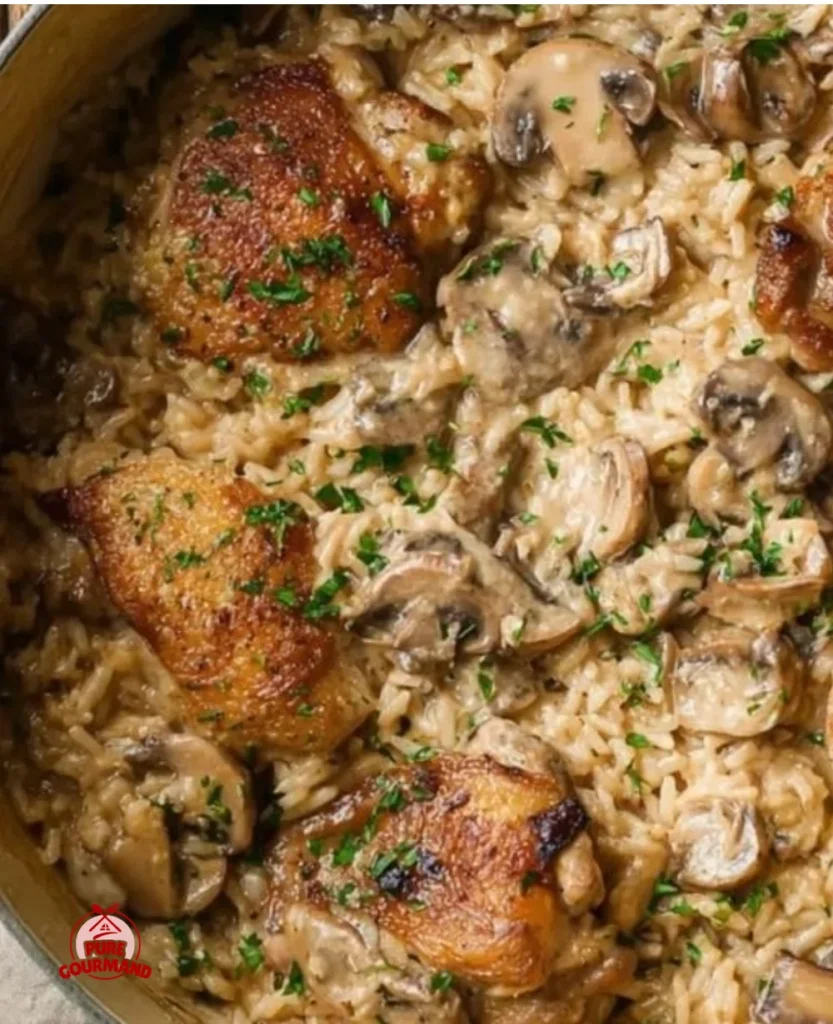Cream of mushroom chicken served with rice in a bowl