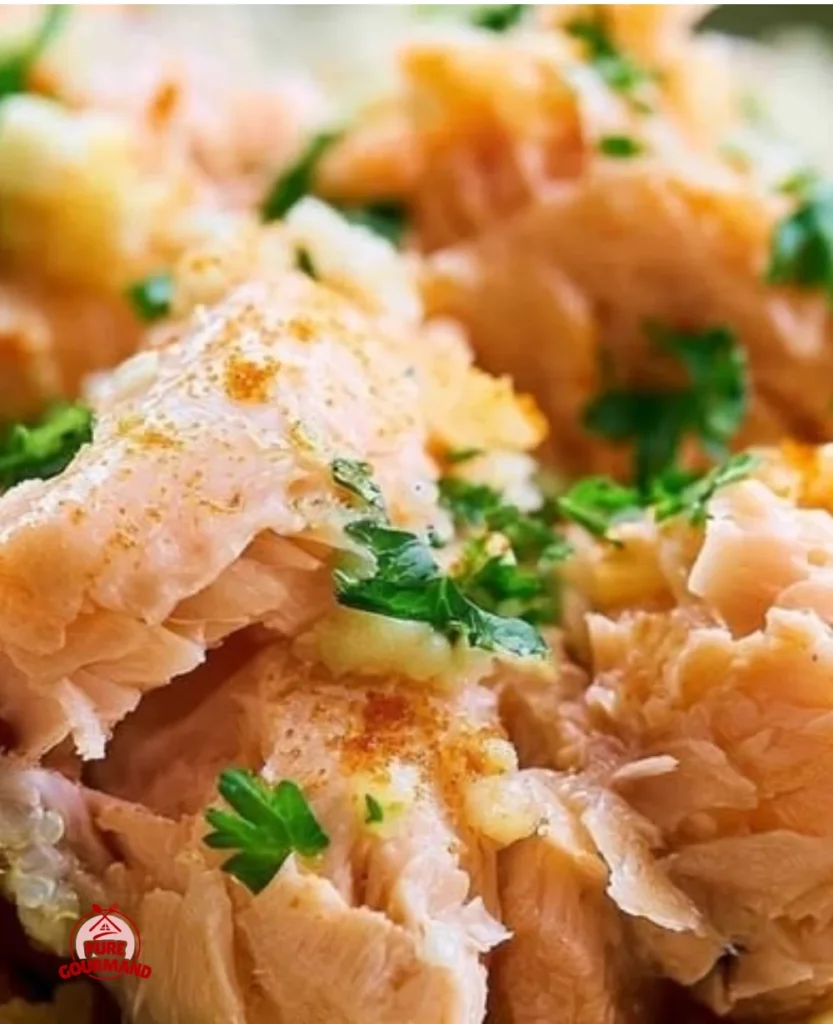 Plate of steamed salmon with quinoa rice garnished with herbs.