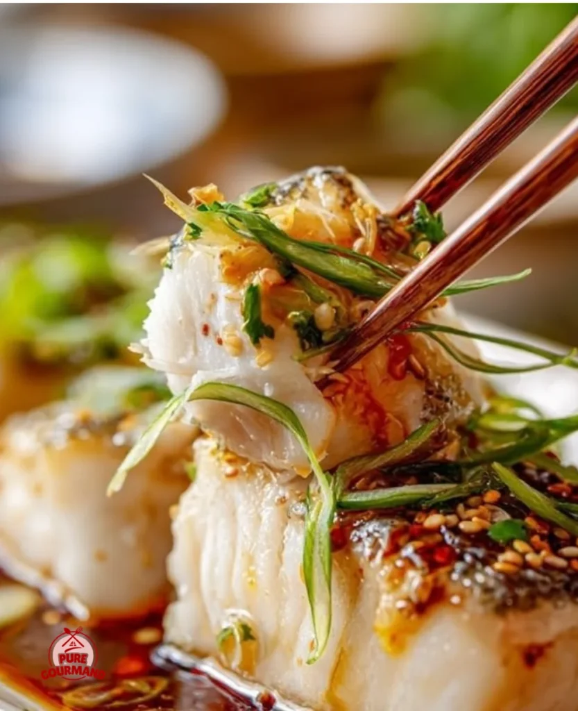 Plate of steamed sea bass garnished with herbs and lemon
